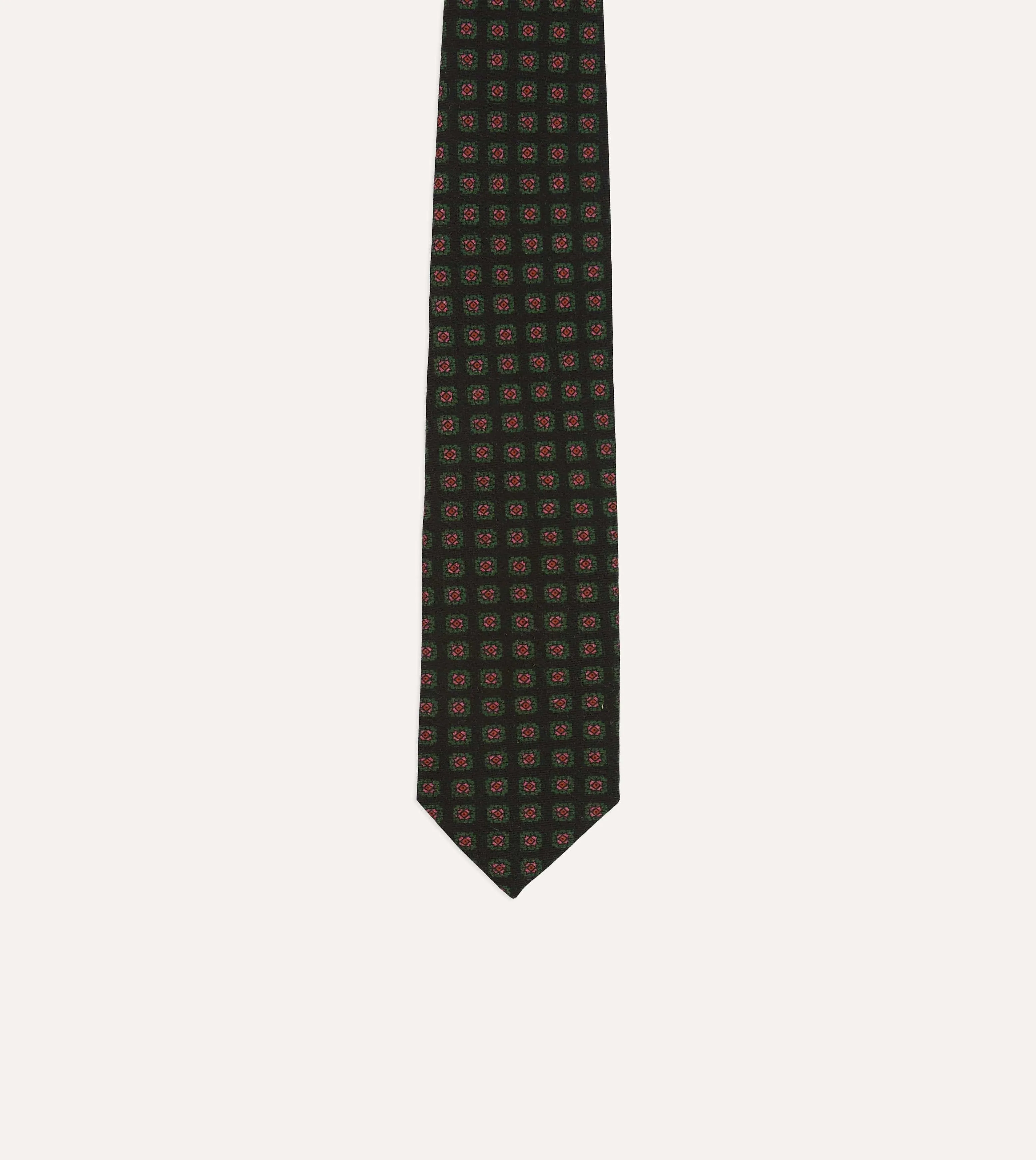 Black Green. and Red Diamond Print Check Self-Tipped Wool Tie
