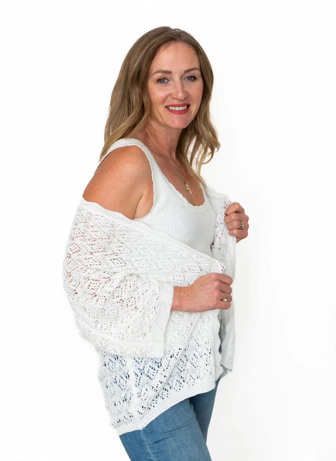 Crochet Half Sleeve Cardigan - White