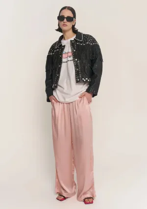 HEAVEN SENT ME EMBELLISHED FRINGED LEATHER JACKET BLACK